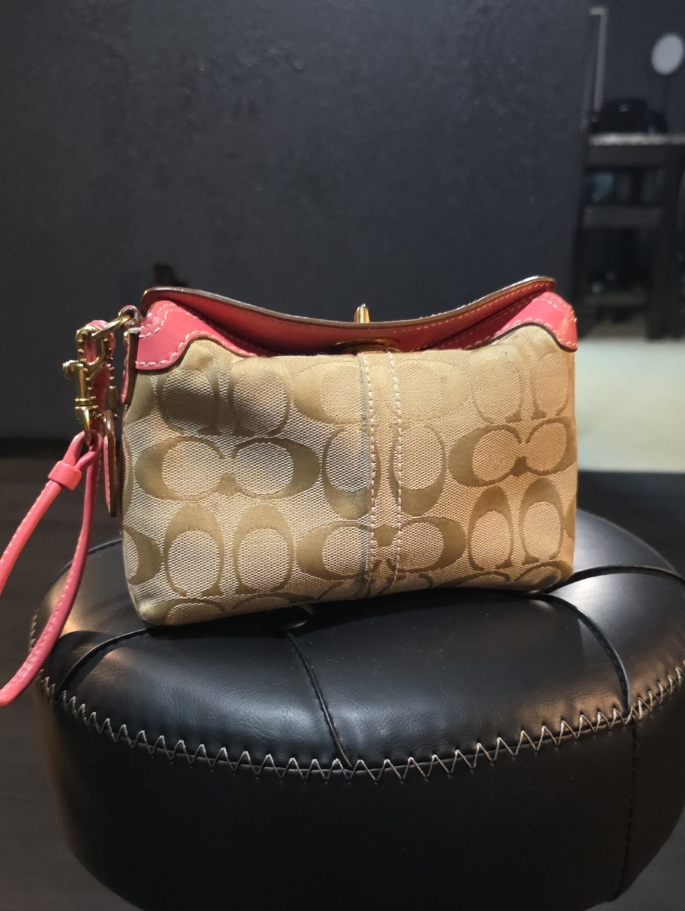 Coach Khaki Signature Canvas Wristlet with Pink Trim